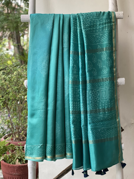 AQUA HAND BLOCK PRINT CHANDERI SILK COTTON SARI