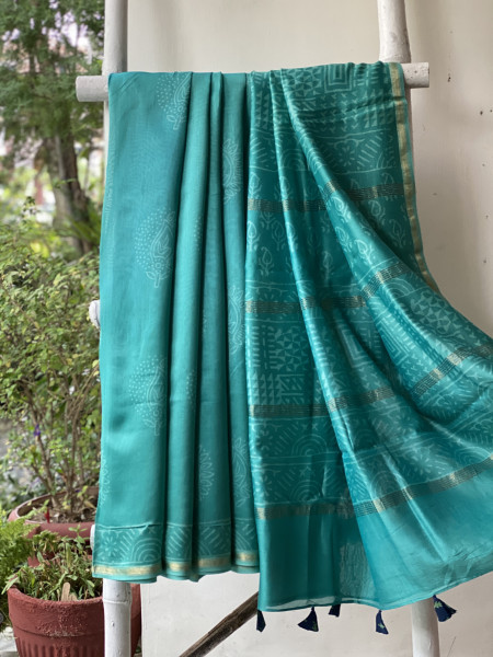 AQUA HAND BLOCK PRINT CHANDERI SILK COTTON SARI