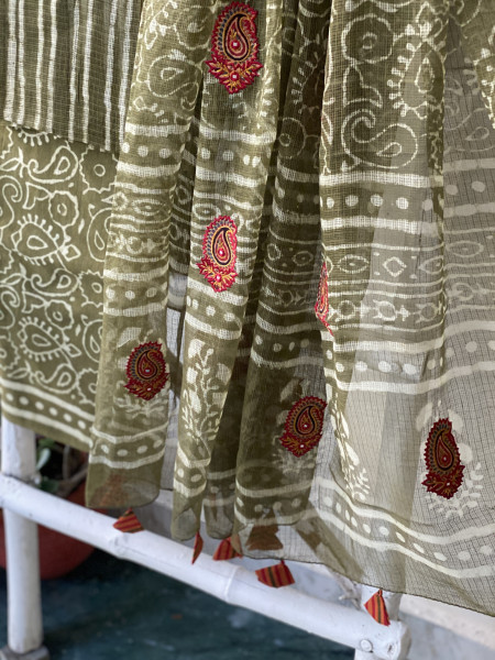 MEHNDI GREEN HAND BLOCK PRINT KOTA  EMBROIDERED DUPATTA SET