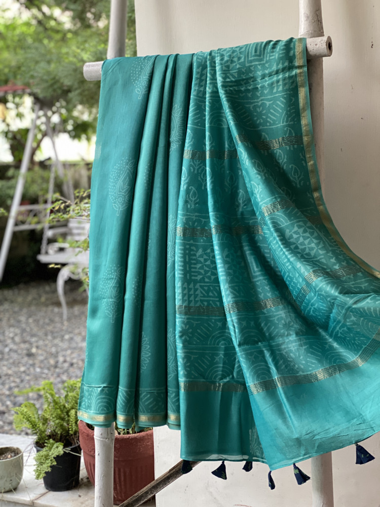 Image of AQUA HAND BLOCK PRINT CHANDERI SILK COTTON SARI