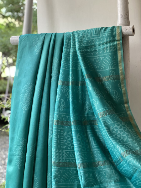 AQUA HAND BLOCK PRINT CHANDERI SILK COTTON SARI