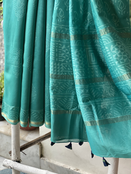 AQUA HAND BLOCK PRINT CHANDERI SILK COTTON SARI