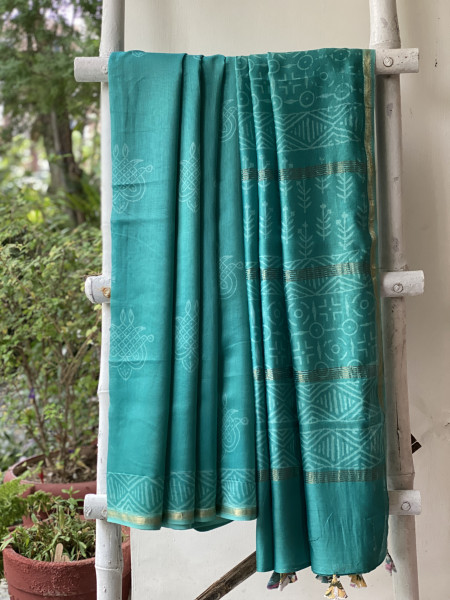 AQUA HAND BLOCK PRINT CHANDERI SILK COTTON SARI