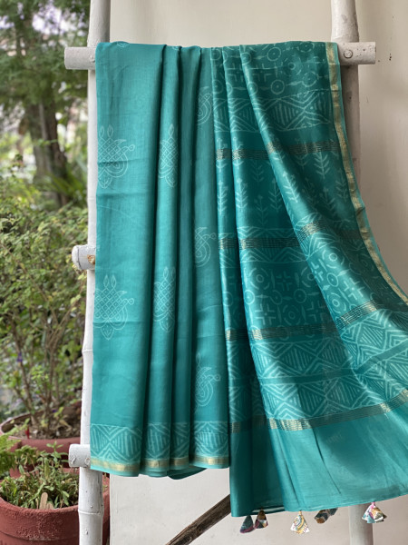 AQUA HAND BLOCK PRINT CHANDERI SILK COTTON SARI