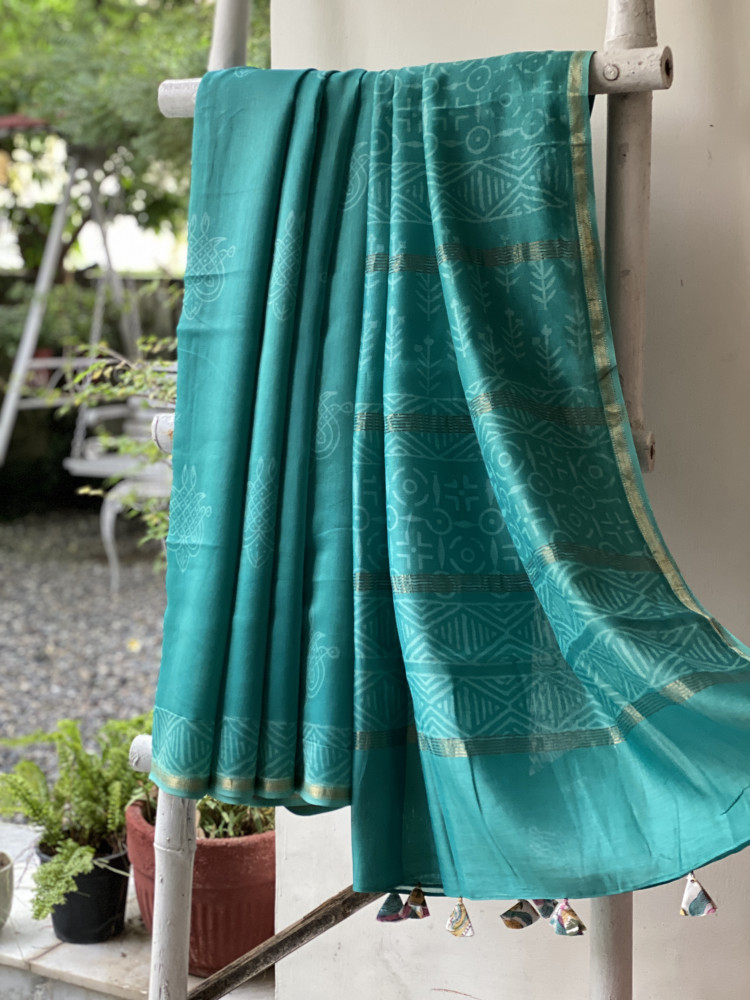 Image of AQUA HAND BLOCK PRINT CHANDERI SILK COTTON SARI