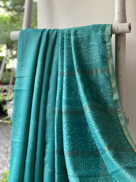 AQUA HAND BLOCK PRINT CHANDERI SILK COTTON SARI