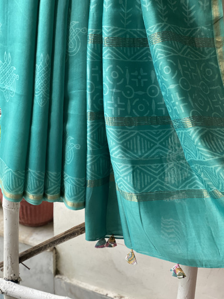 AQUA HAND BLOCK PRINT CHANDERI SILK COTTON SARI