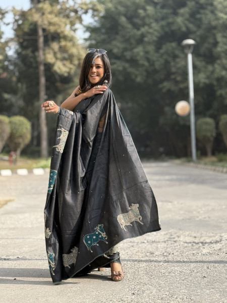BLACK TUSSAR SILK HAND EMBROIDERED SARI