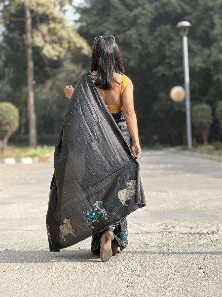 BLACK TUSSAR SILK HAND EMBROIDERED SARI