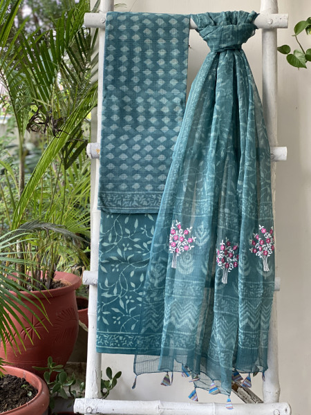 AQUA HAND BLOCK PRINT KOTA  EMBROIDERED DUPATTA SET