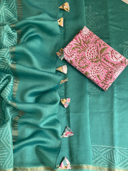 AQUA HAND BLOCK PRINT CHANDERI SILK COTTON SARI