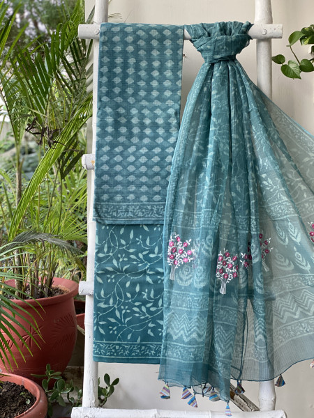 AQUA HAND BLOCK PRINT KOTA  EMBROIDERED DUPATTA SET