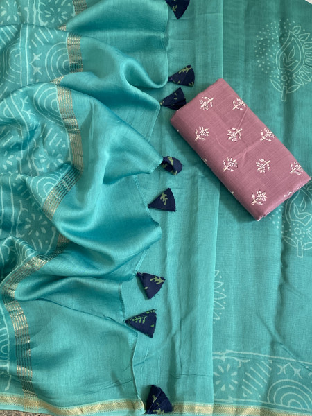 AQUA HAND BLOCK PRINT CHANDERI SILK COTTON SARI