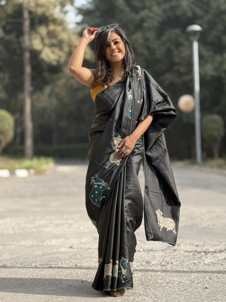 BLACK TUSSAR SILK HAND EMBROIDERED SARI