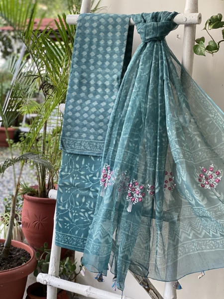 AQUA HAND BLOCK PRINT KOTA  EMBROIDERED DUPATTA SET
