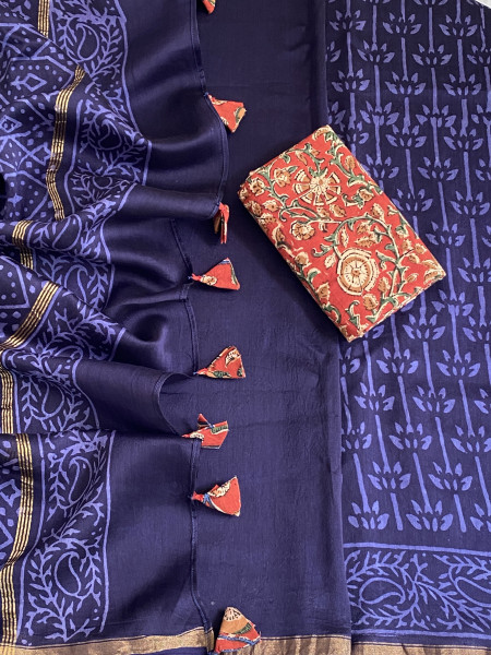 INK BLUE HAND BLOCK PRINT CHANDERI SILK COTTON SARI