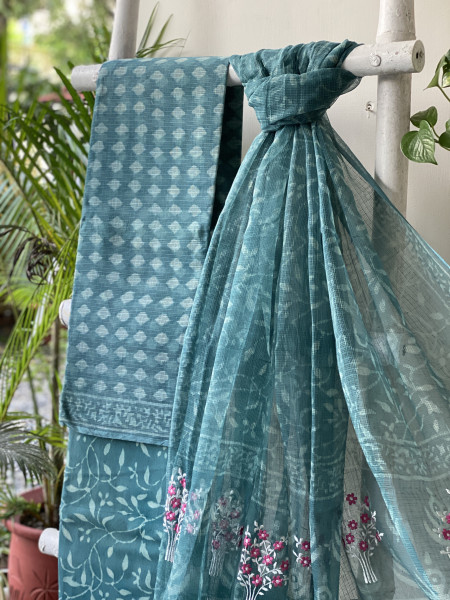 AQUA HAND BLOCK PRINT KOTA  EMBROIDERED DUPATTA SET