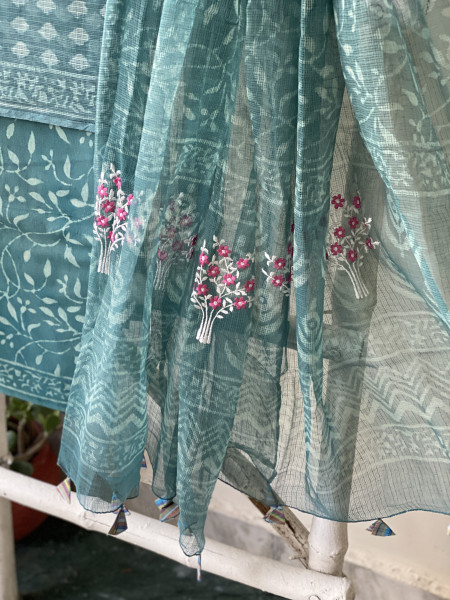 AQUA HAND BLOCK PRINT KOTA  EMBROIDERED DUPATTA SET