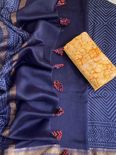 INDIGO HAND BLOCK PRINT CHANDERI SILK COTTON SARI