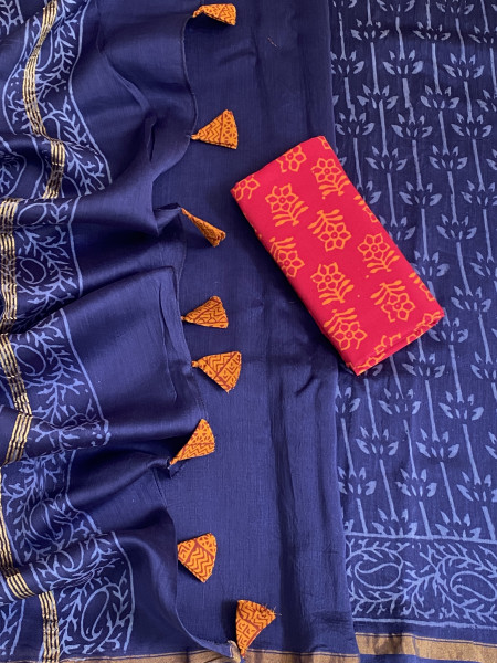 INDIGO HAND BLOCK PRINT CHANDERI SILK COTTON SARI