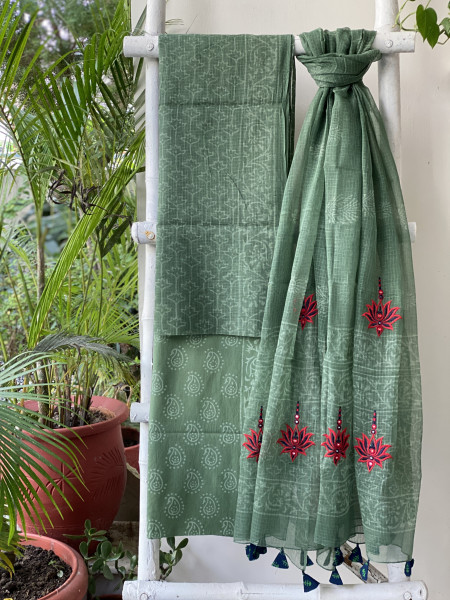 GREEN HAND BLOCK PRINT KOTA  EMBROIDERED DUPATTA SET