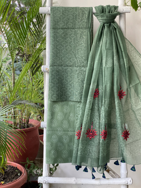 GREEN HAND BLOCK PRINT KOTA  EMBROIDERED DUPATTA SET