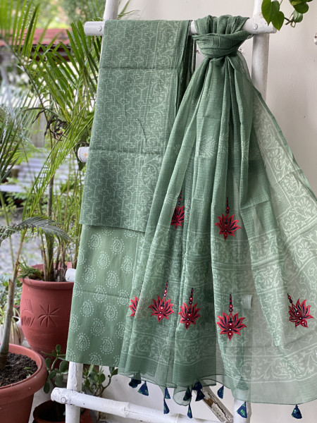 GREEN HAND BLOCK PRINT KOTA  EMBROIDERED DUPATTA SET