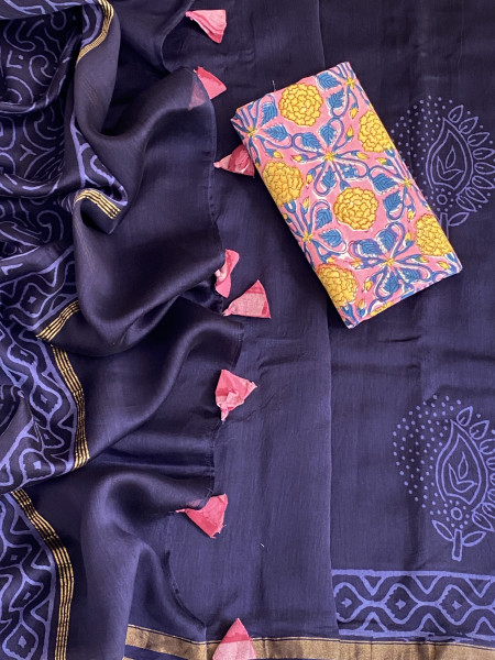 INK BLUE HAND BLOCK PRINT CHANDERI SILK COTTON SARI
