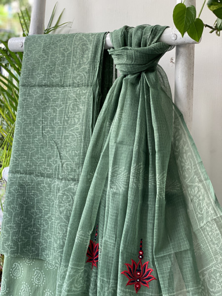 GREEN HAND BLOCK PRINT KOTA  EMBROIDERED DUPATTA SET