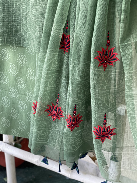 GREEN HAND BLOCK PRINT KOTA  EMBROIDERED DUPATTA SET