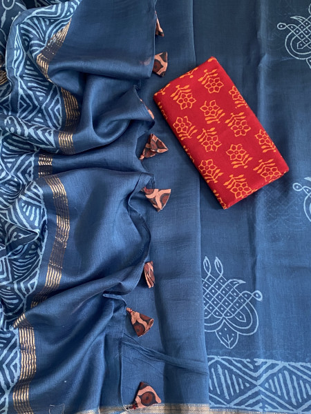 PEACOCK BLUE HAND BLOCK PRINT CHANDERI SILK COTTON SARI