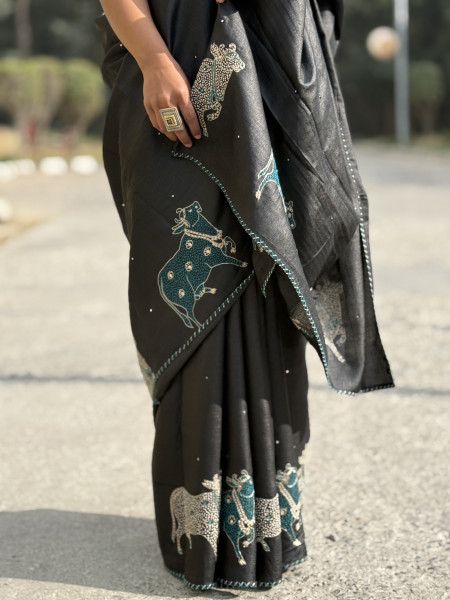 BLACK TUSSAR SILK HAND EMBROIDERED SARI