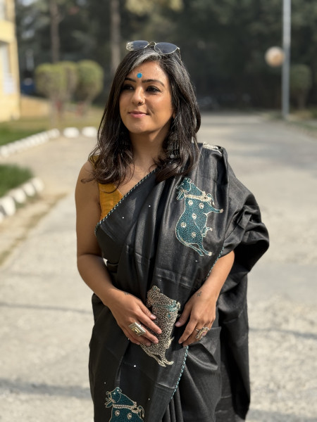 BLACK TUSSAR SILK HAND EMBROIDERED SARI