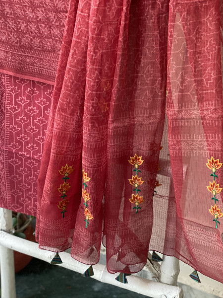 MAROON HAND BLOCK PRINT KOTA  EMBROIDERED DUPATTA SET