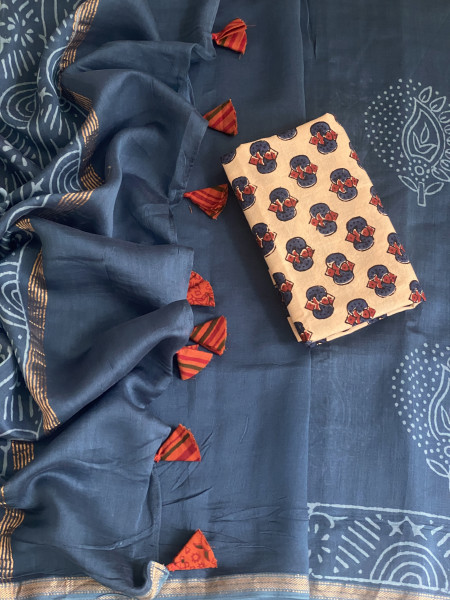 PEACOCK BLUE HAND BLOCK PRINT CHANDERI SILK COTTON SARI