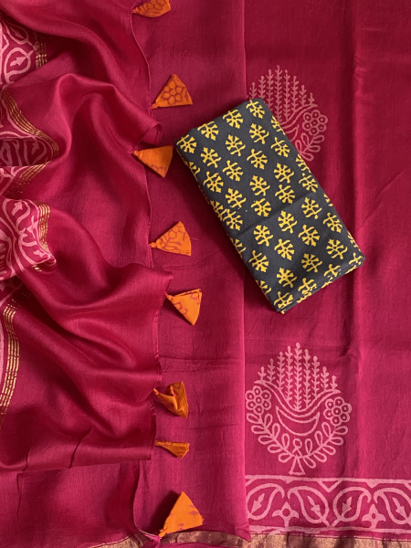 MAGENTA HAND BLOCK PRINT CHANDERI SILK COTTON SARI