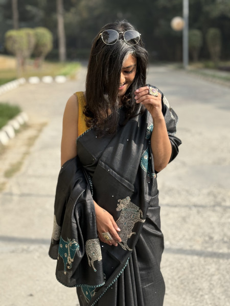 BLACK TUSSAR SILK HAND EMBROIDERED SARI