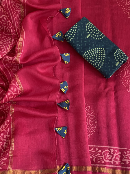 MAGENTA HAND BLOCK PRINT CHANDERI SILK COTTON SARI