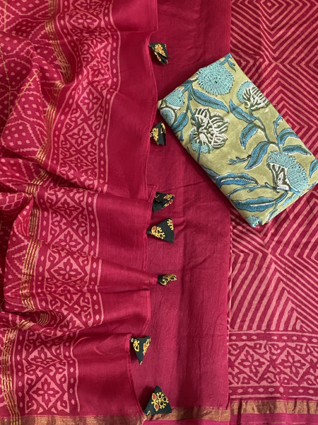 MAGENTA HAND BLOCK PRINT CHANDERI SILK COTTON SARI
