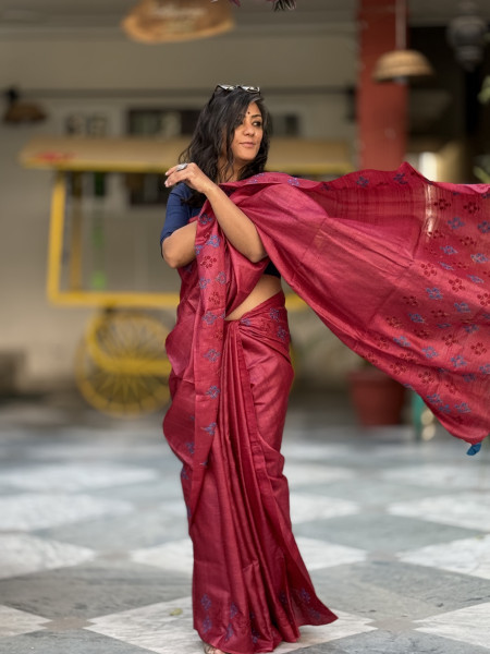 MAROON TUSSAR SILK EMBROIDERED SARI