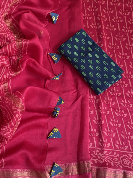MAGENTA HAND BLOCK PRINT CHANDERI SILK COTTON SARI
