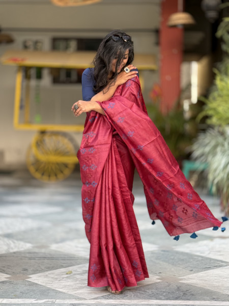 MAROON TUSSAR SILK EMBROIDERED SARI