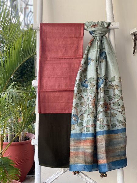 RUST - MOSS GREEN TUSSAR Silk dupatta Set
