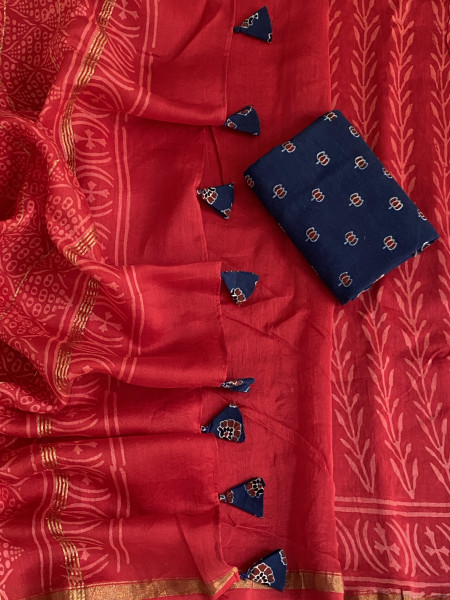 RED HAND BLOCK PRINT CHANDERI SILK COTTON SARI