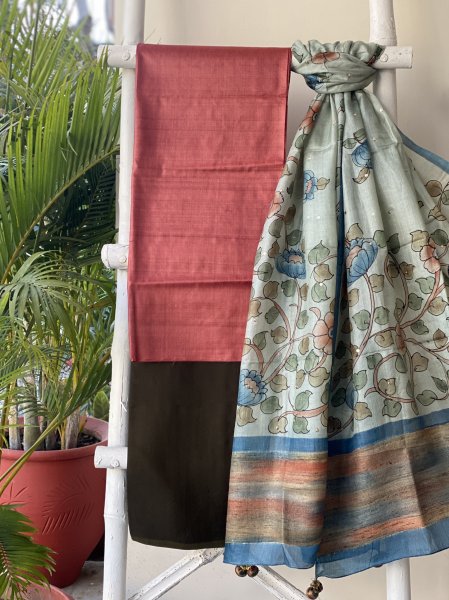 RUST - MOSS GREEN TUSSAR Silk dupatta Set