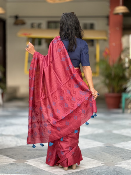 MAROON TUSSAR SILK EMBROIDERED SARI