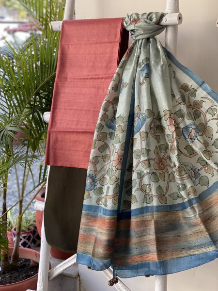 RUST - MOSS GREEN TUSSAR Silk dupatta Set