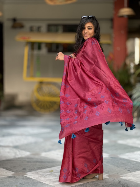 MAROON TUSSAR SILK EMBROIDERED SARI