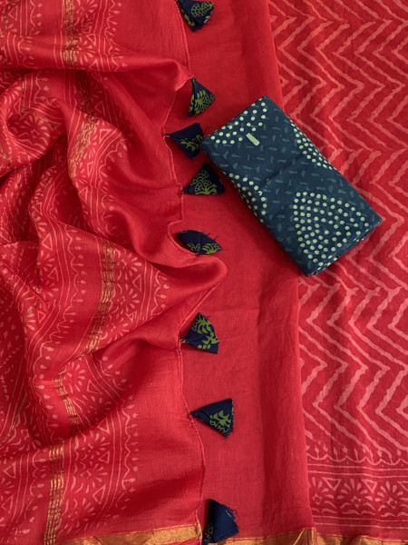 RED HAND BLOCK PRINT CHANDERI SILK COTTON SARI