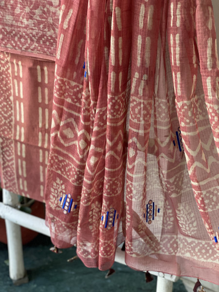 RUST HAND BLOCK PRINT KOTA  EMBROIDERED DUPATTA SET
